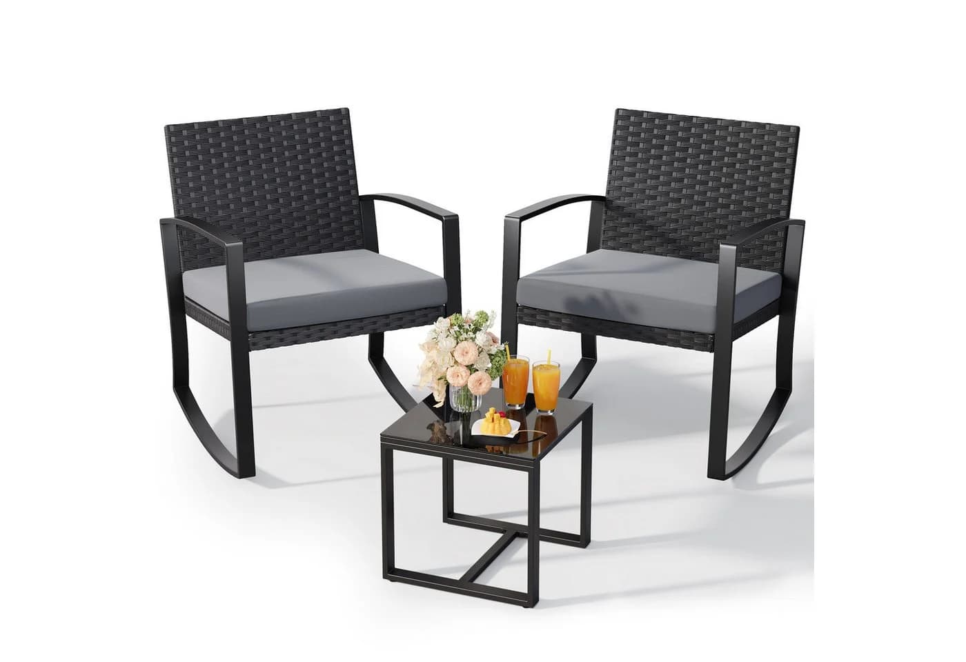 Blishom 3-tlg. Schaukelstuhl Set Grau/Blau/Beige Polyrattan - Bild 2