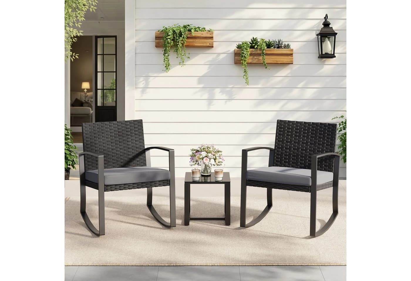 Blishom 3-tlg. Schaukelstuhl Set Grau/Blau/Beige Polyrattan - Bild 3