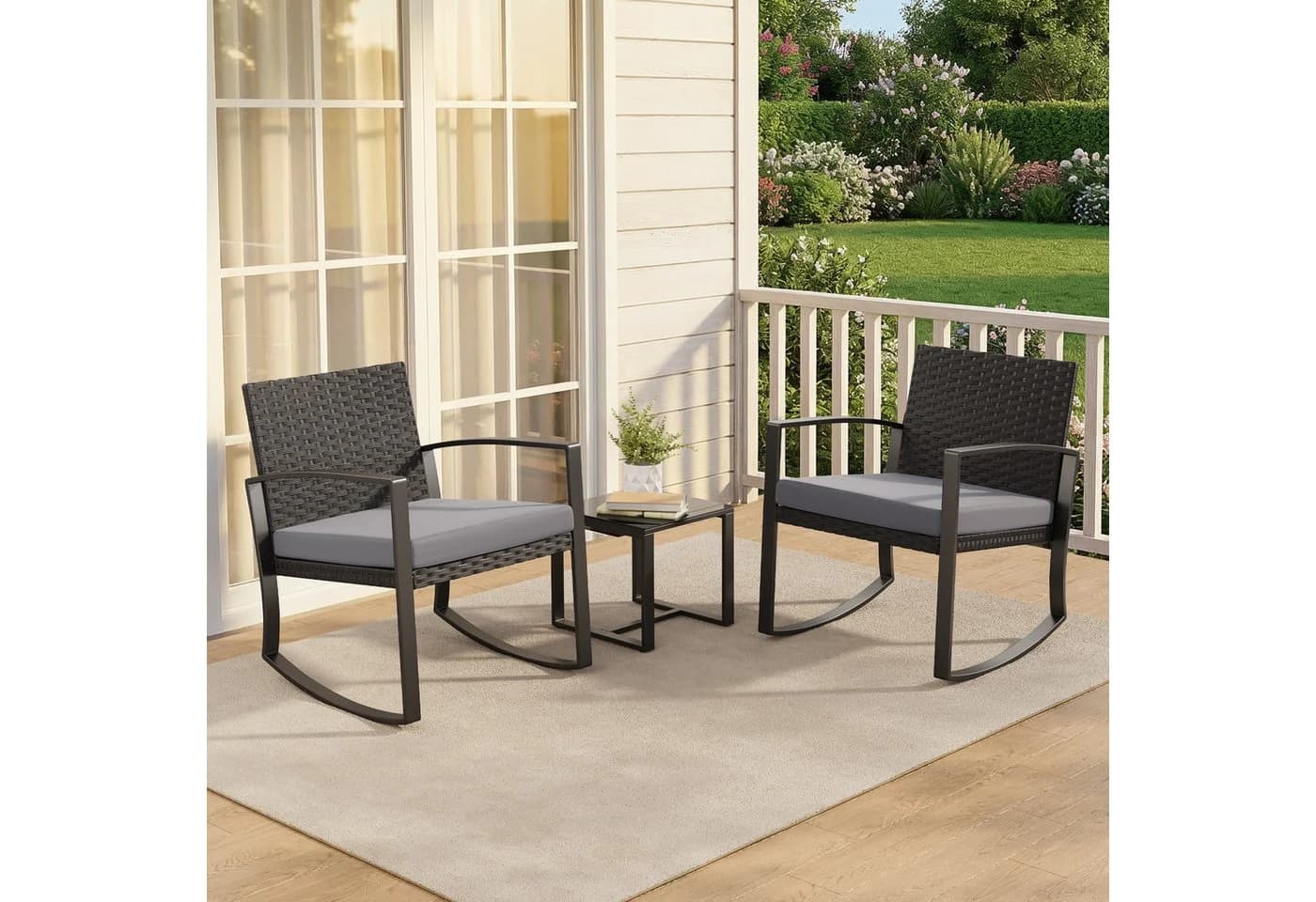 Blishom 3-tlg. Schaukelstuhl Set Grau/Blau/Beige Polyrattan - Bild 4