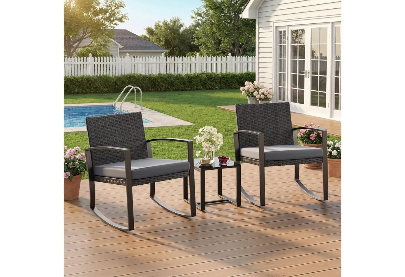 Blishom 3-tlg. Schaukelstuhl Set Grau/Blau/Beige Polyrattan - Bild 5
