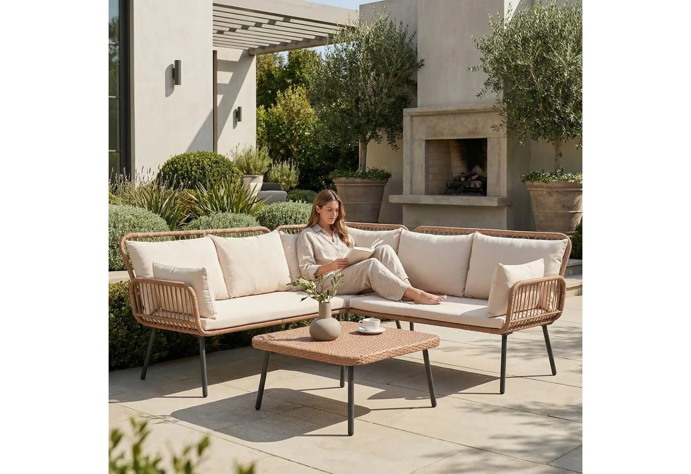 JOIVI Gartenlounge-Set 4-tlg. Creme Beige Rattan