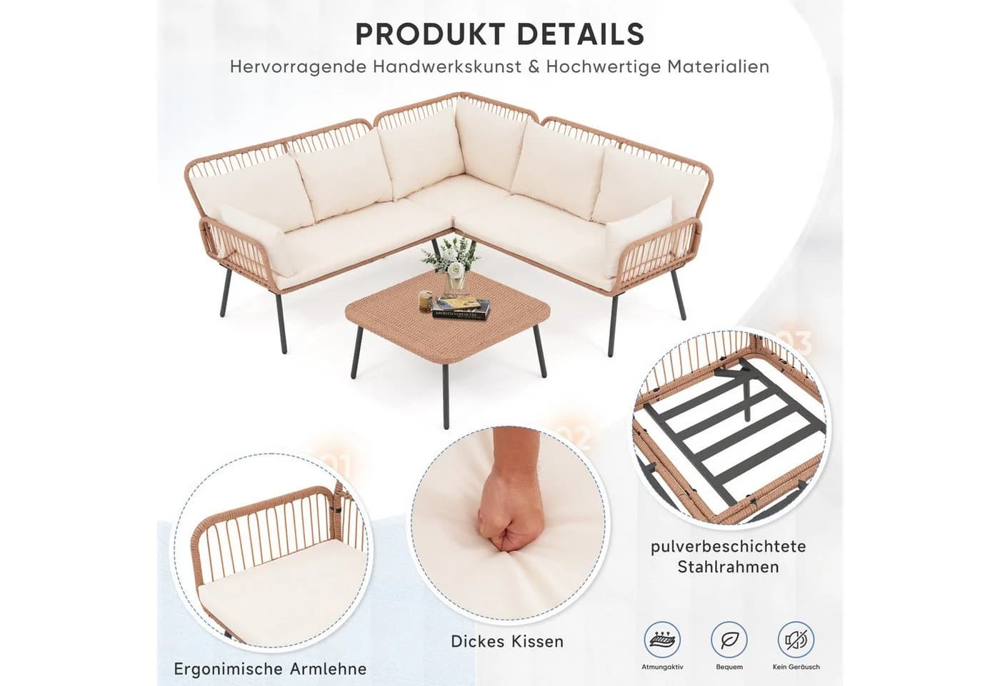 JOIVI Gartenlounge-Set 4-tlg. Creme Beige Rattan - Bild 3