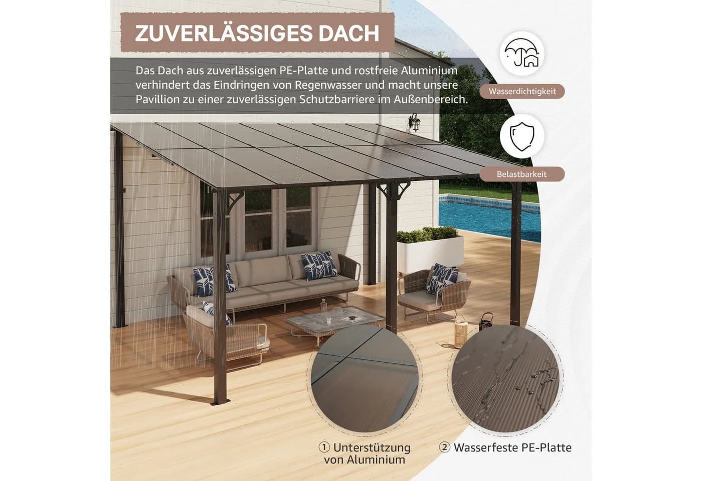 JOIVI Pergola 3x4m Terrassenüberdachung Carport mit Sonnendach - Bild 3