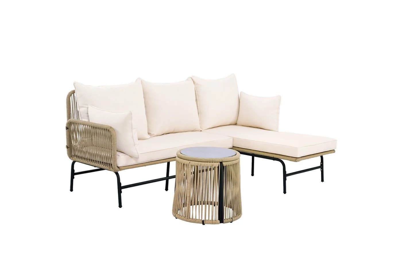 KLAM HOME Gartenlounge-Set Korbgeflecht Eisenrahmen Beige L-förmig