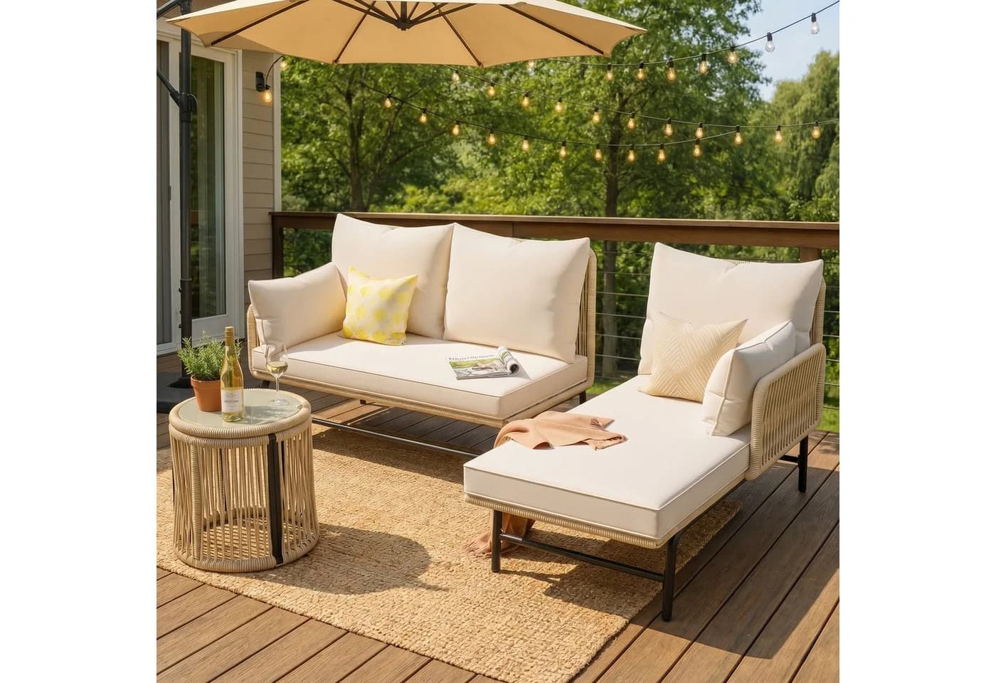 KLAM HOME Gartenlounge-Set Korbgeflecht Eisenrahmen Beige L-förmig - Bild 2