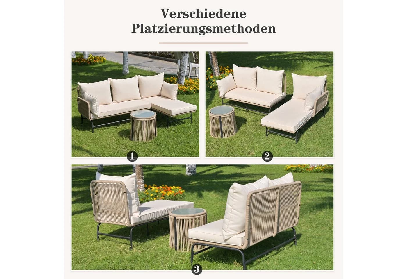 KLAM HOME Gartenlounge-Set Korbgeflecht Eisenrahmen Beige L-förmig - Bild 3