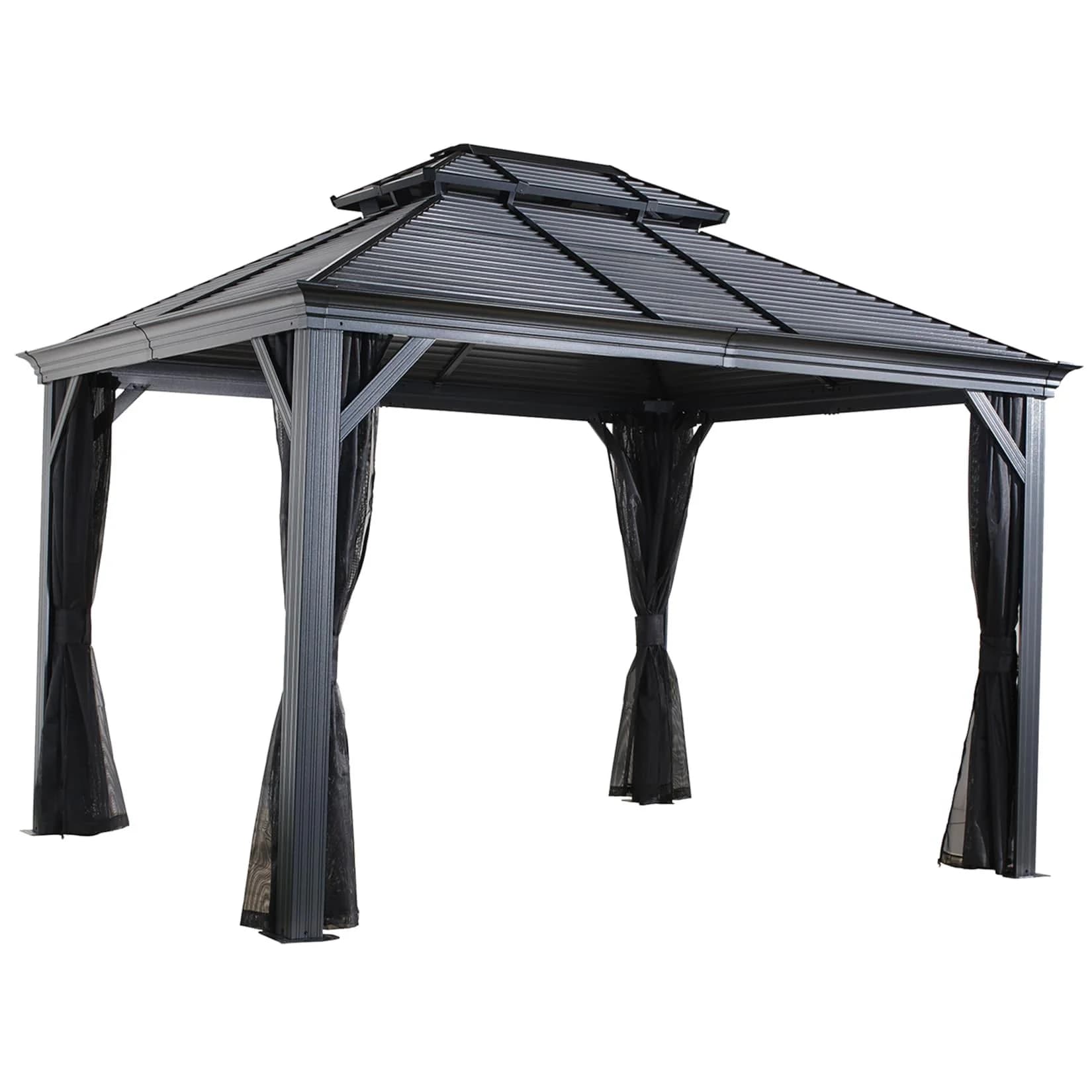 SOJAG Pavillon Mykonos 10x12 Grau Aluminium Stahldach Moskitonetze Winterfest