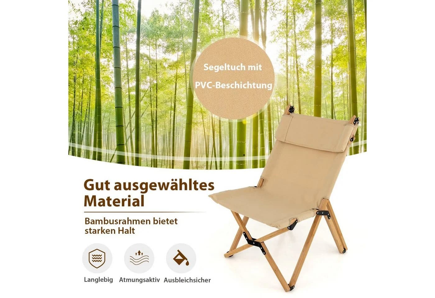 COSTWAY Campingstuhl Bambusrahmen Klappstuhl Verstellbar 150kg