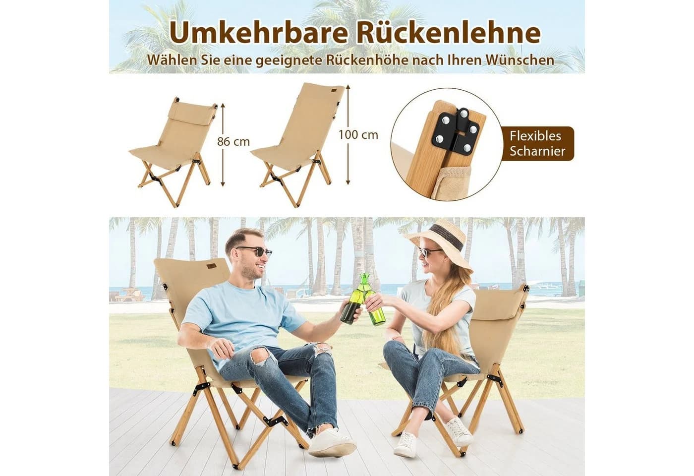 COSTWAY Campingstuhl Bambusrahmen Klappstuhl Verstellbar 150kg - Bild 5