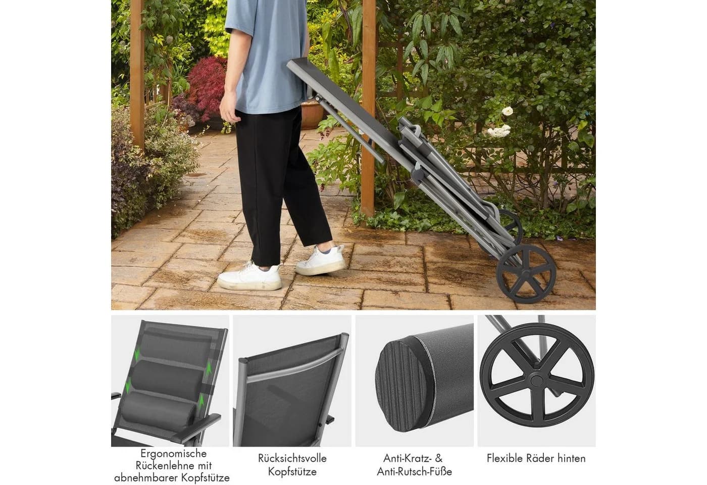 COSTWAY Gartenliege Liegestuhl 7-fach verstellbar grau mit Rädern & Kopfstütze - Bild 3
