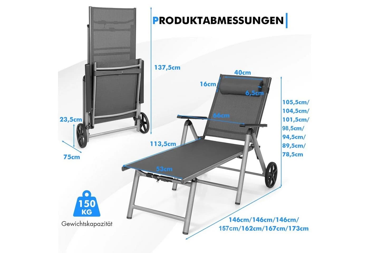 COSTWAY Gartenliege Liegestuhl 7-fach verstellbar grau mit Rädern & Kopfstütze - Bild 4