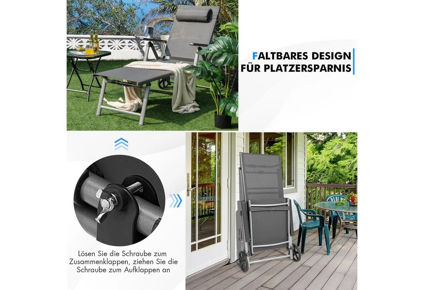 COSTWAY Gartenliege Liegestuhl 7-fach verstellbar grau mit Rädern & Kopfstütze - Bild 5