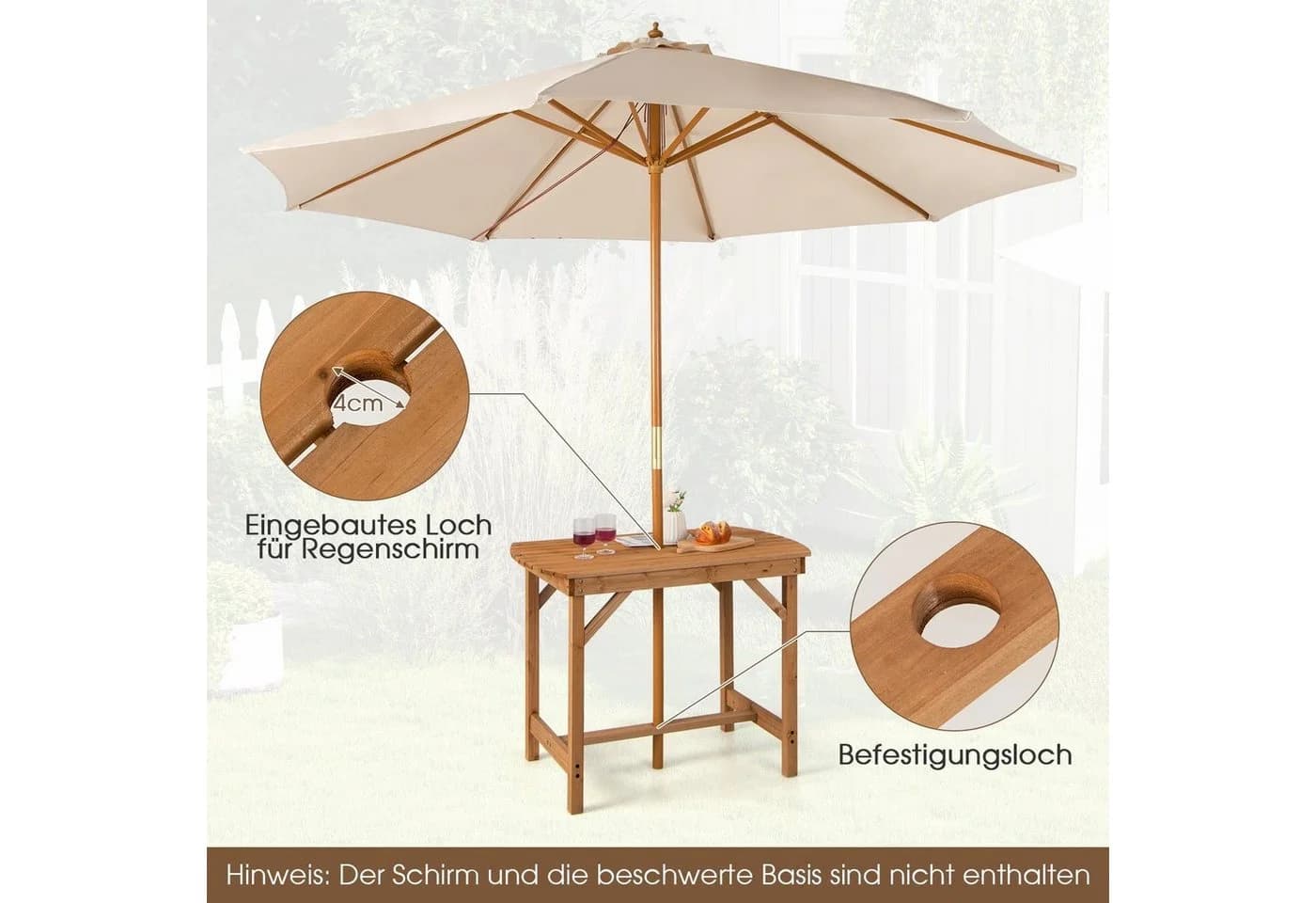COSTWAY Gartentisch Esstisch aus Massivholz mit Schirmloch