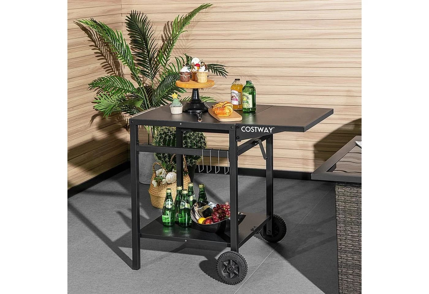 COSTWAY Grillablagetisch mit 2 Ablagen, 4 Haken & klappbarer Tischplatte