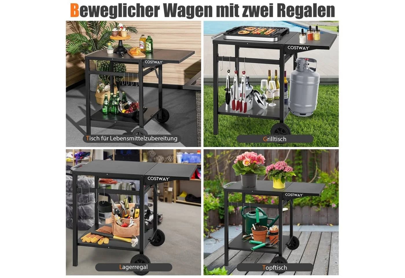 COSTWAY Grillablagetisch mit 2 Ablagen, 4 Haken & klappbarer Tischplatte - Bild 3