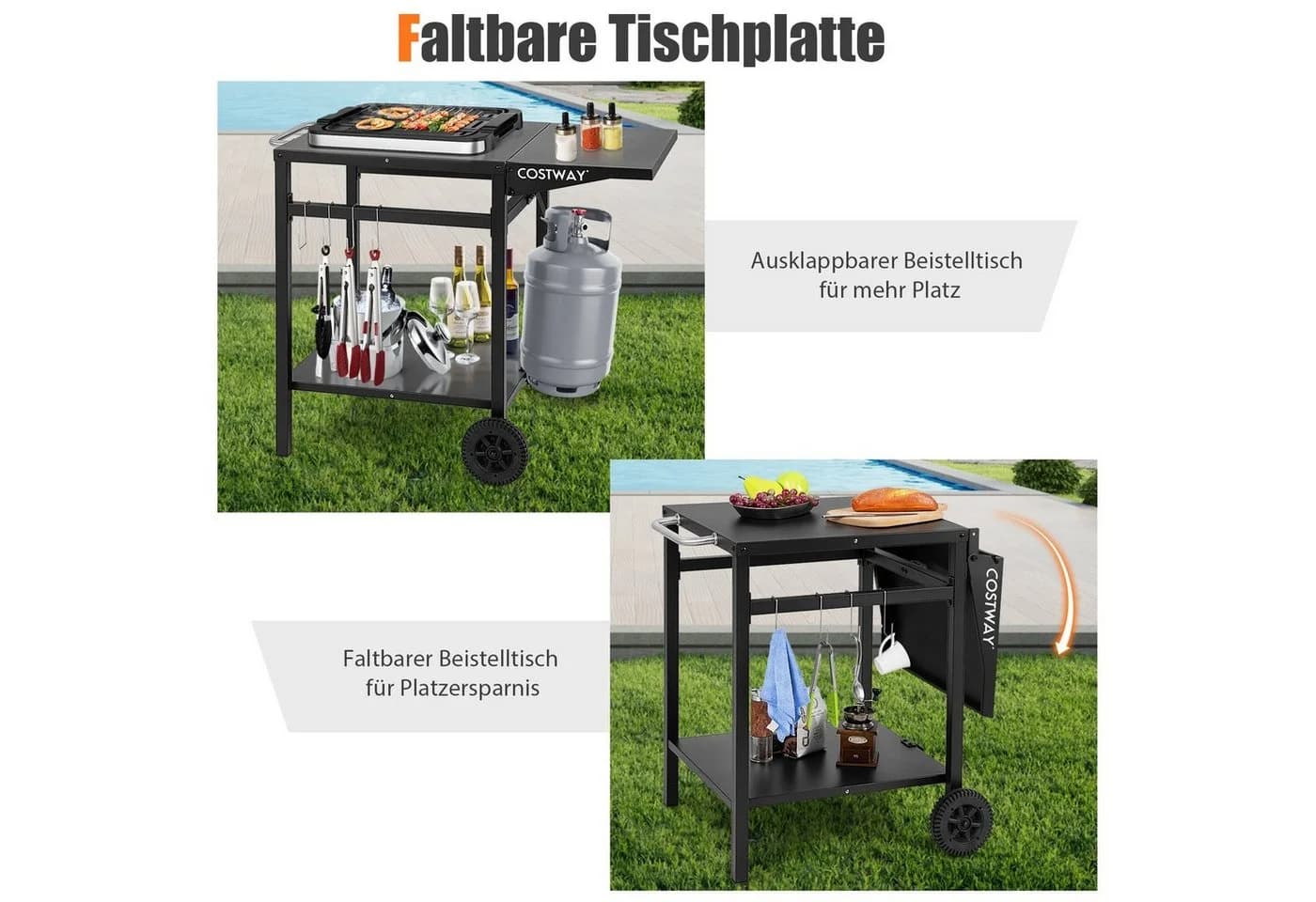 COSTWAY Grillablagetisch mit 2 Ablagen, 4 Haken & klappbarer Tischplatte - Bild 4