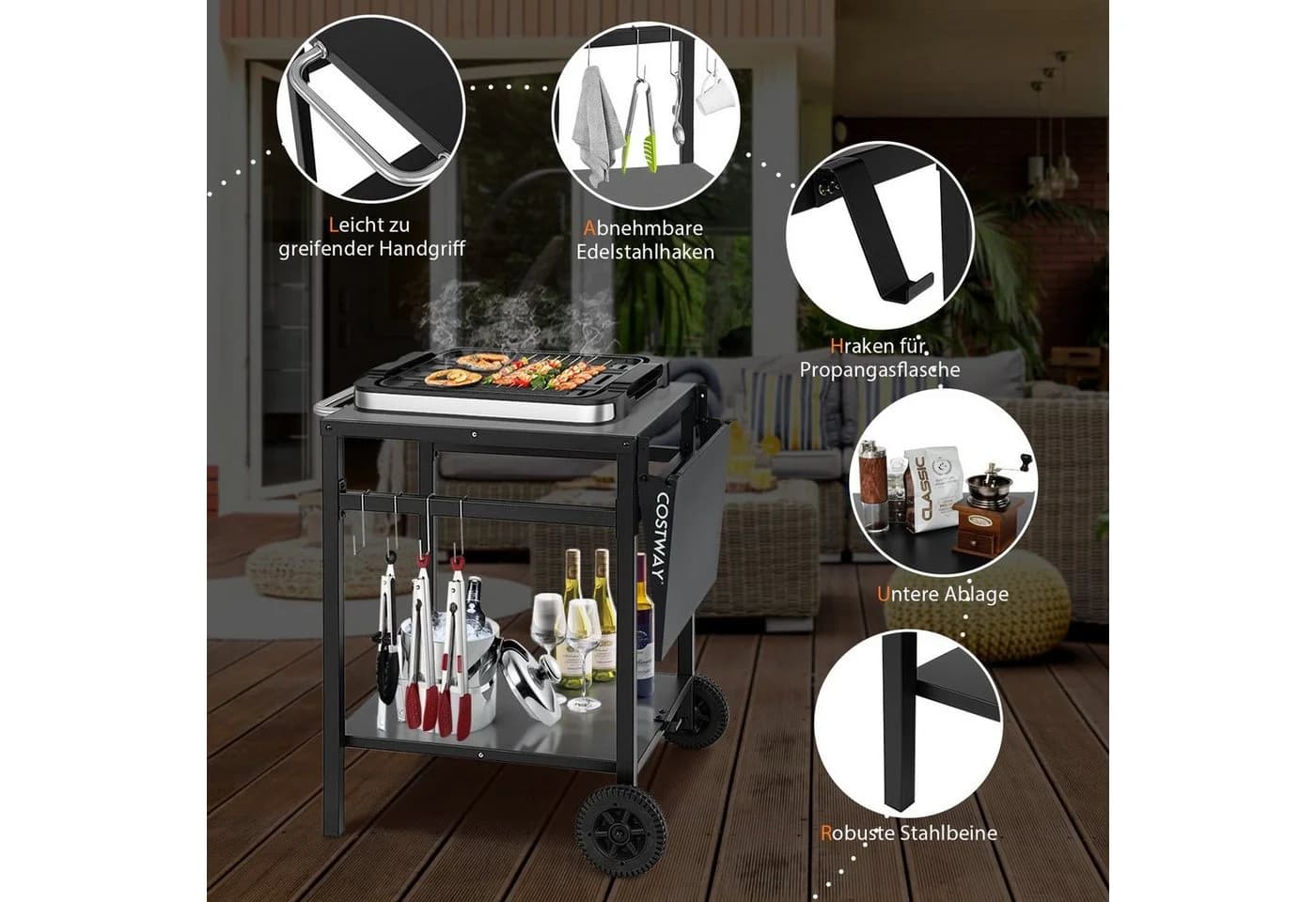 COSTWAY Grillablagetisch mit 2 Ablagen, 4 Haken & klappbarer Tischplatte - Bild 5