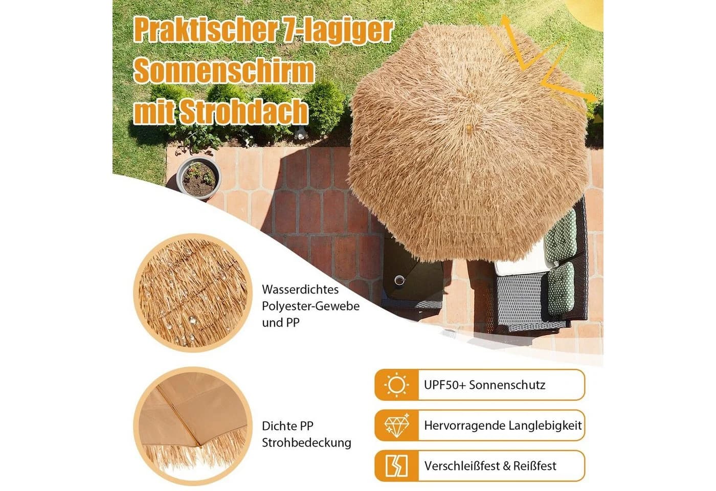 COSTWAY Sonnenschirm Marktschirm Tiki-Stil mit Druckknopf - Bild 3
