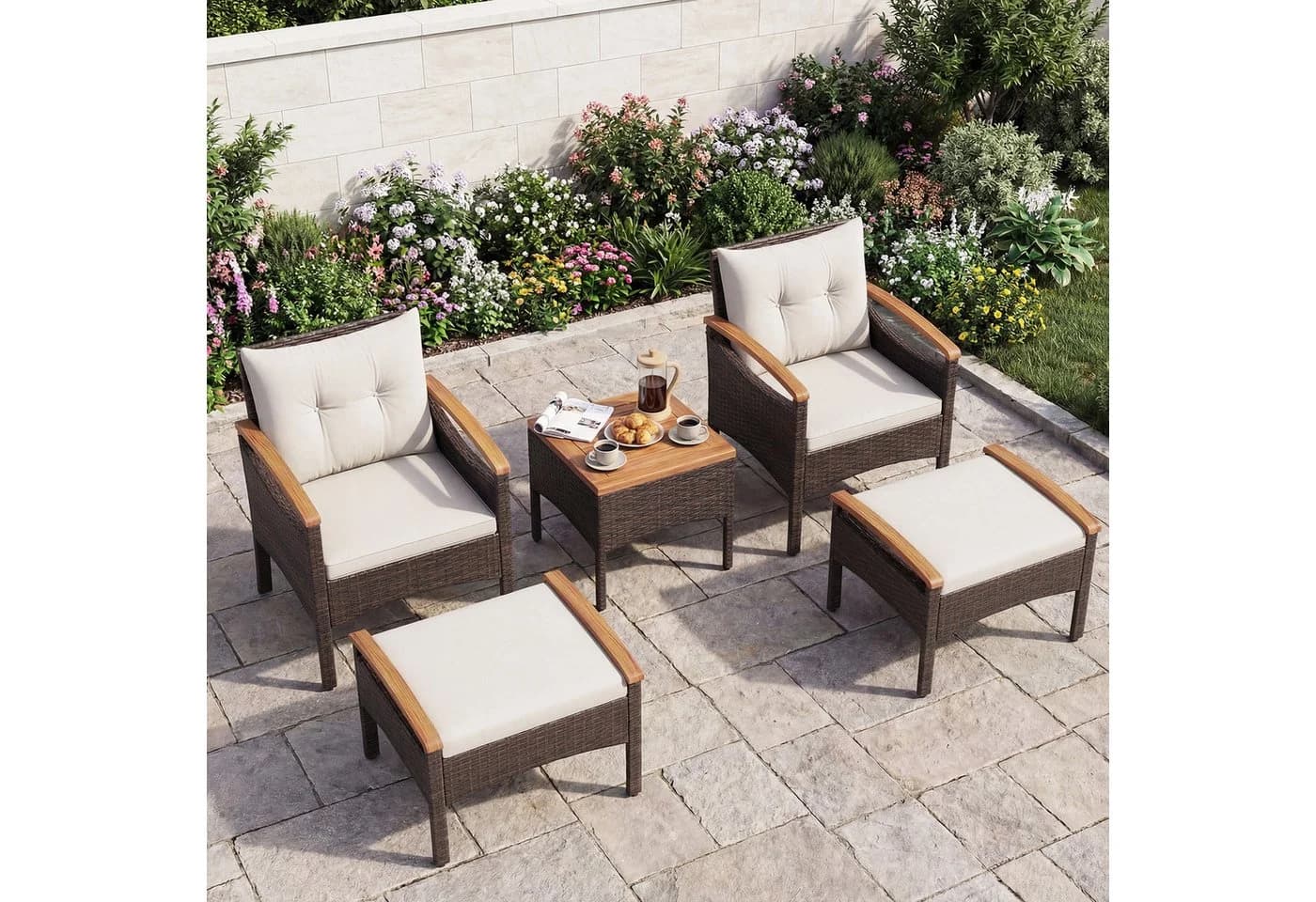 COSTWAY Balkonset Rattan 5-tlg. Akazienholzplatte mit Kissen