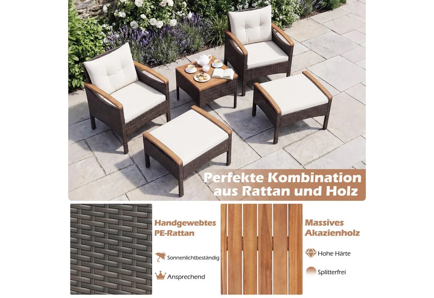 COSTWAY Balkonset Rattan 5-tlg. Akazienholzplatte mit Kissen - Bild 3