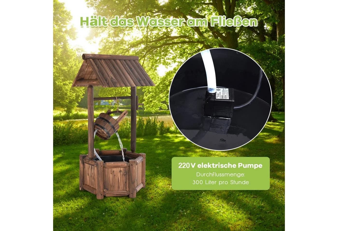 COSTWAY Gartenbrunnen Tannenholz Braun mit Pumpe - Bild 3