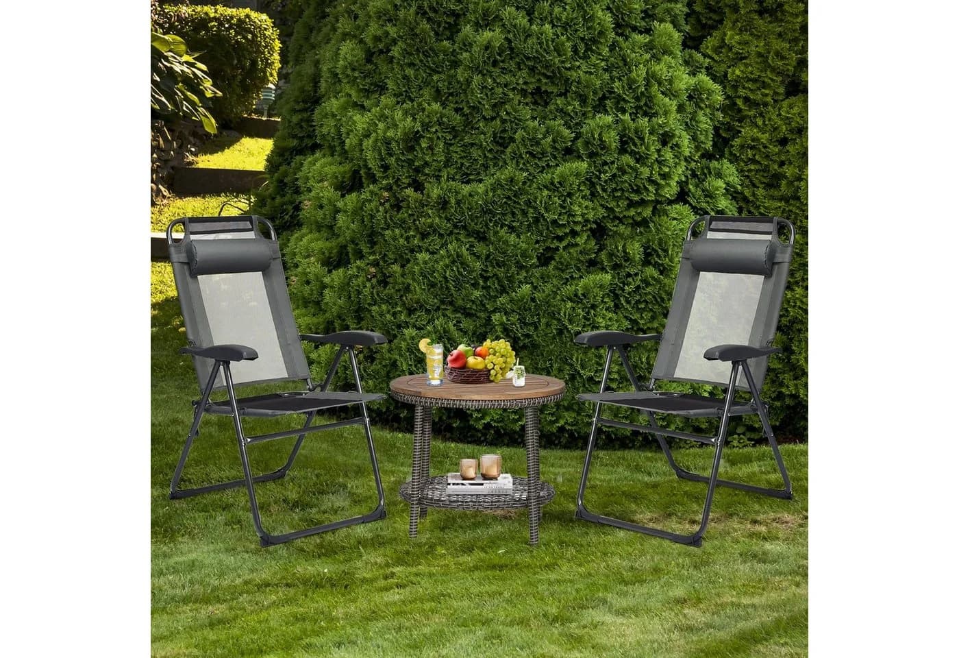 COSTWAY Gartenstuhl 2er Set Grau mit verstellbarer Rückenlehne