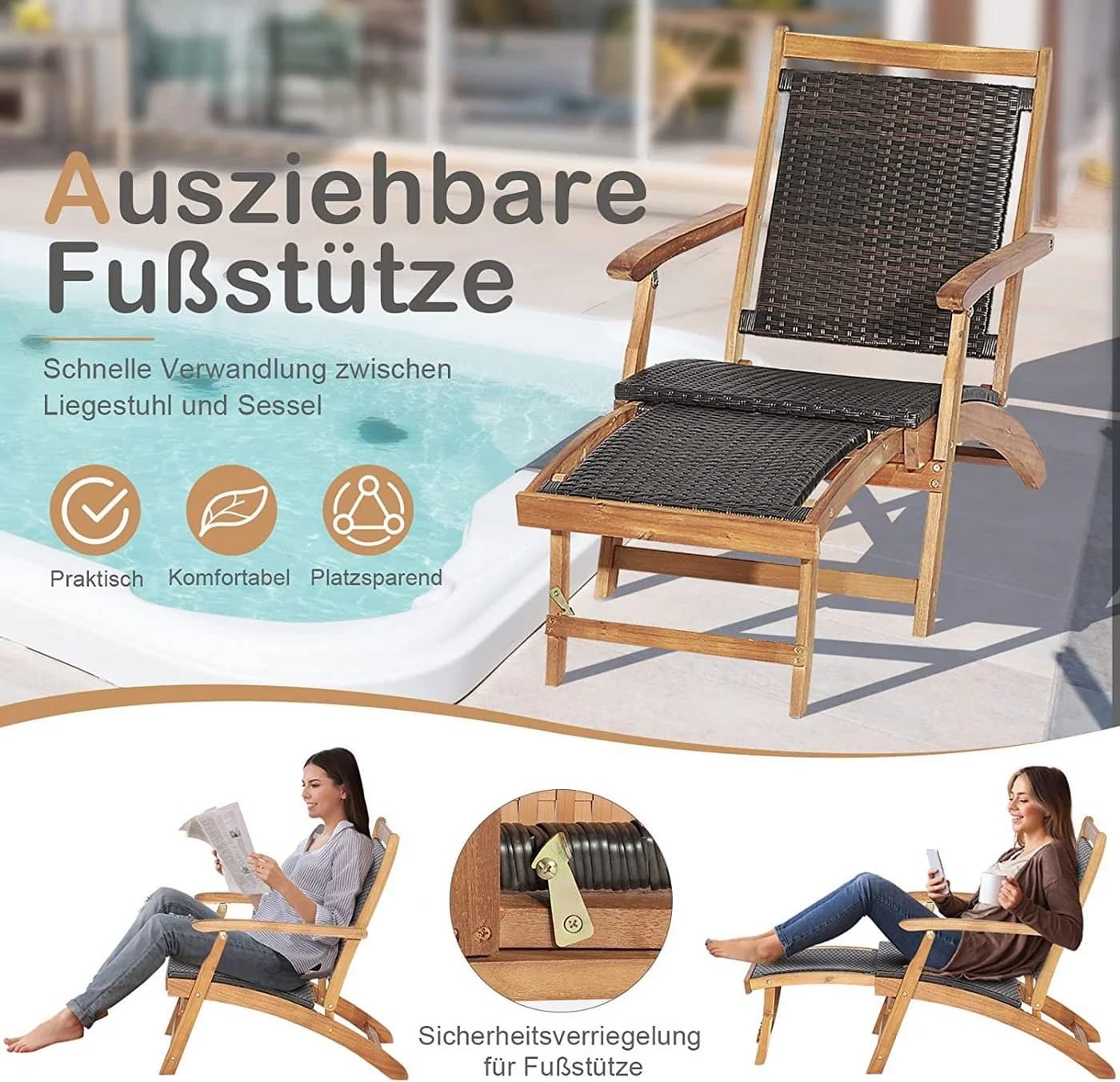 KOMFOTTEU Gartenstuhl mit Beistelltisch Set Klappbar Braun - Bild 3