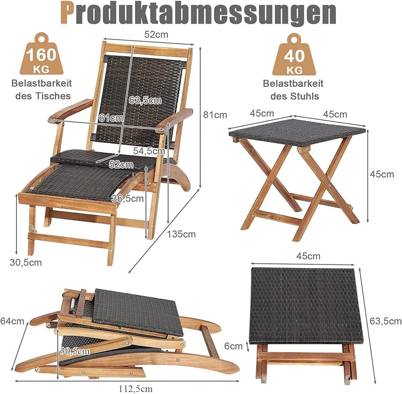 KOMFOTTEU Gartenstuhl mit Beistelltisch Set Klappbar Braun - Bild 5