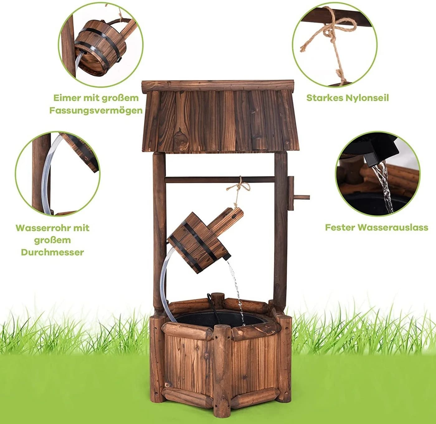 KOMFOTTEU Gartenbrunnen Dekorativer Holzbrunnen mit Dach Braun - Bild 4