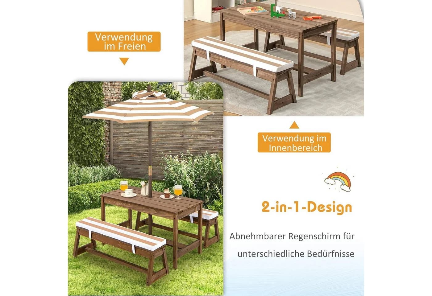 KOMFOTTEU Garten-Kindersitzgruppe mit Sonnenschirm Bra/Blau - Bild 3
