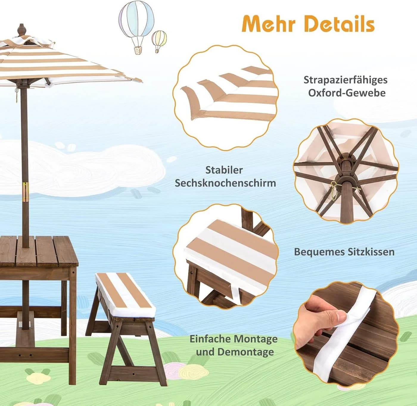 KOMFOTTEU Garten-Kindersitzgruppe mit Sonnenschirm Bra/Blau - Bild 5