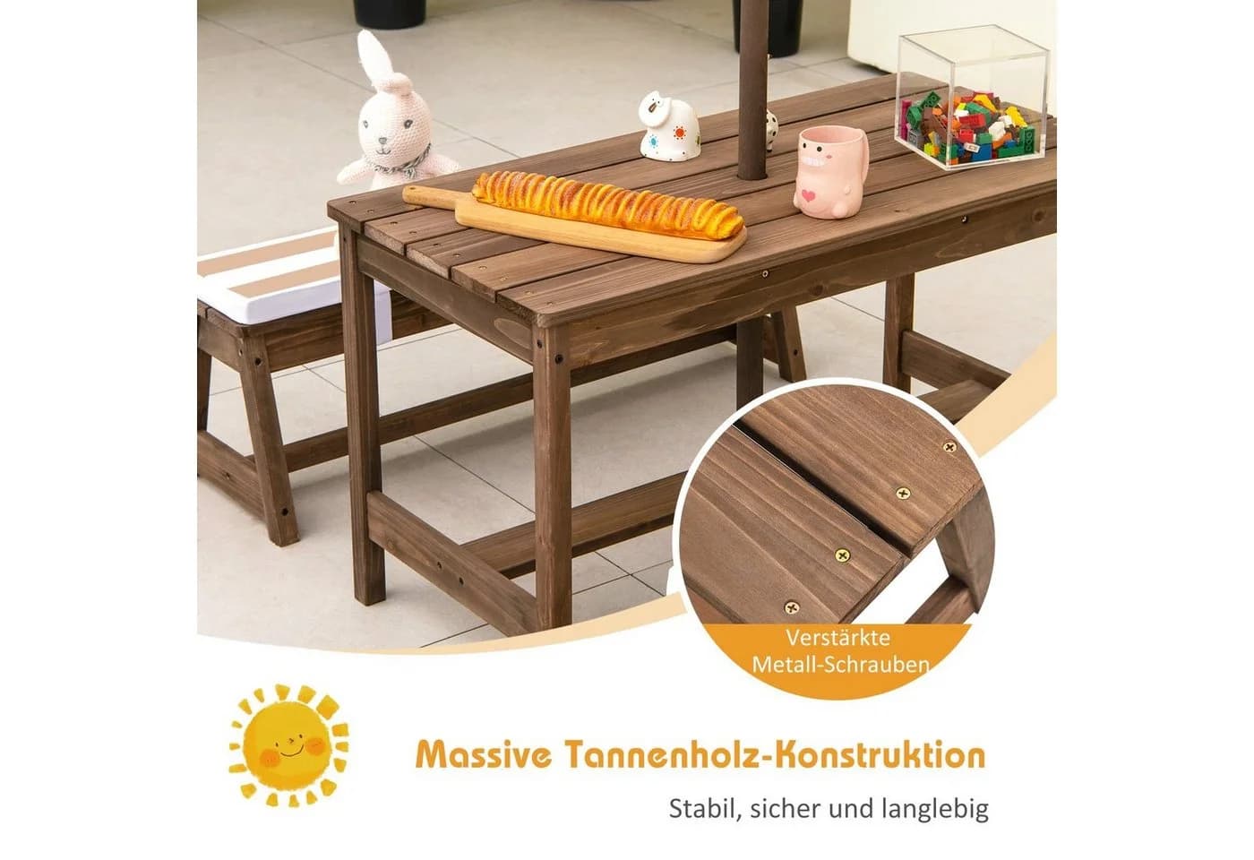 COSTWAY Garten-Kindersitzgruppe Picknicktisch mit Sonnenschirm Braun
