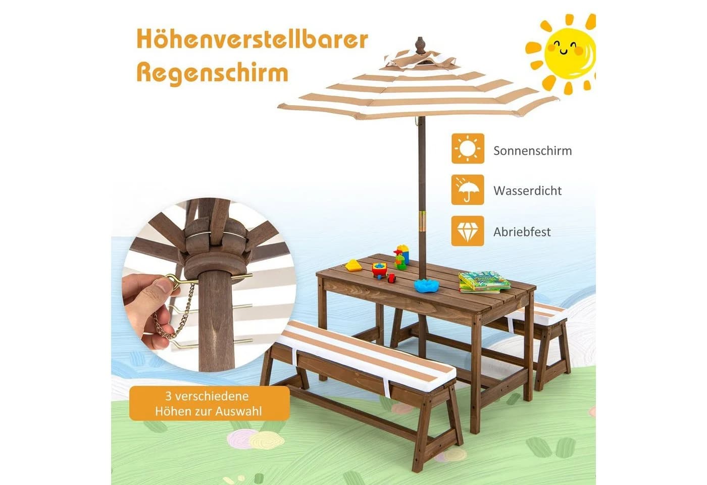 COSTWAY Garten-Kindersitzgruppe Picknicktisch mit Sonnenschirm Braun - Bild 3