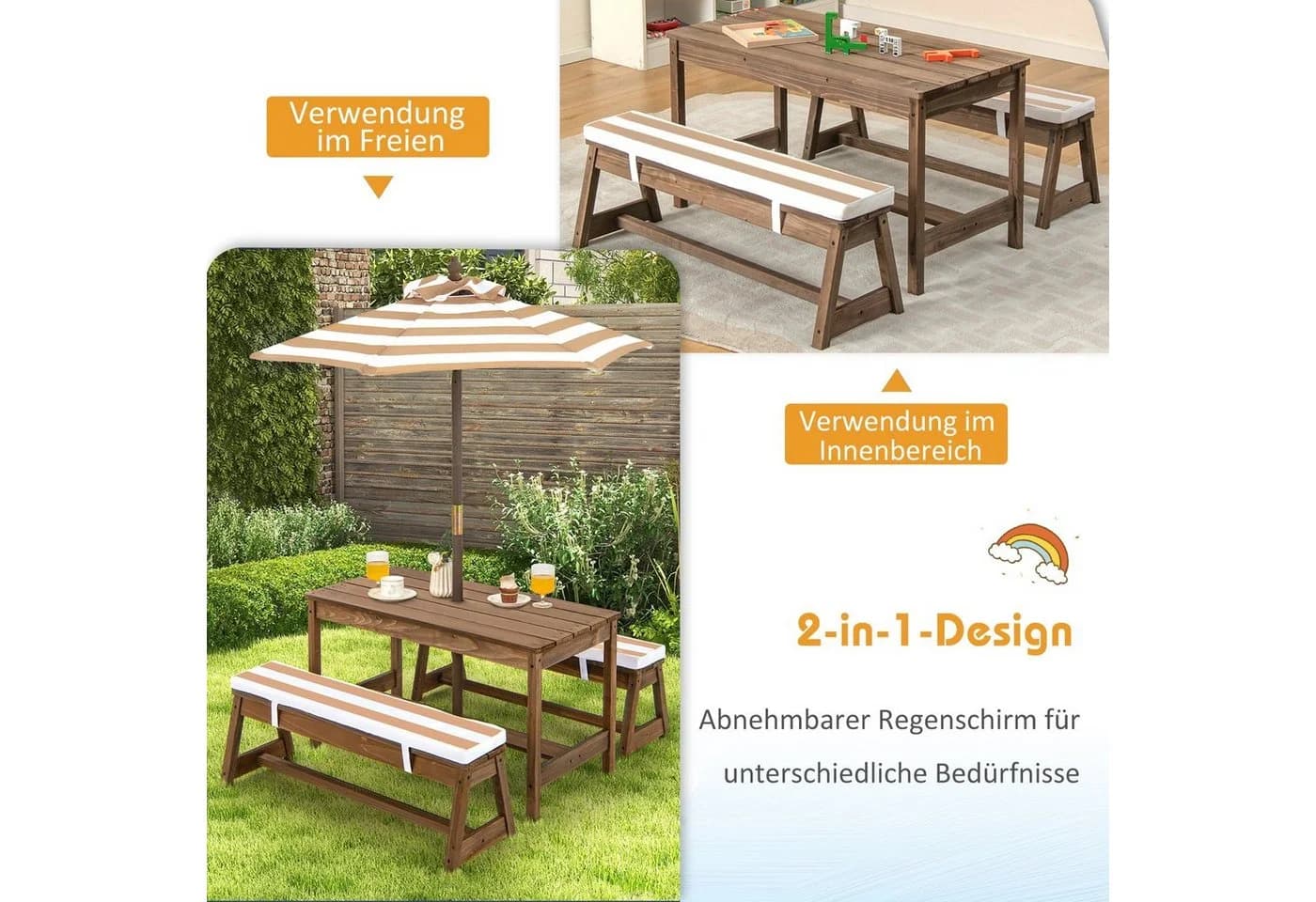 COSTWAY Garten-Kindersitzgruppe Picknicktisch mit Sonnenschirm Braun - Bild 4