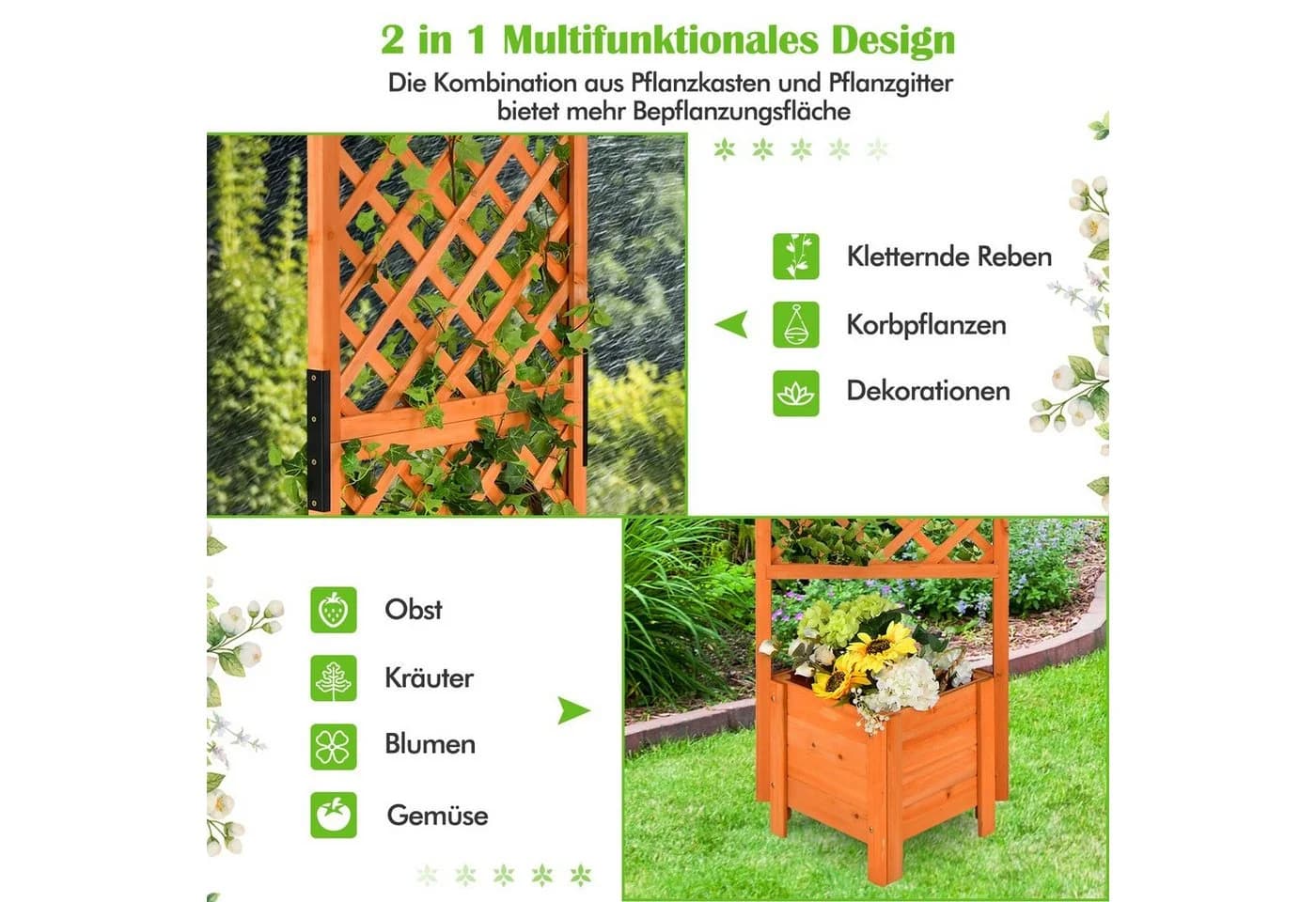 COSTWAY Blumenkasten mit Rankgitter & Drainageloch - Hochbeet 54,5x52x180 cm - Bild 3