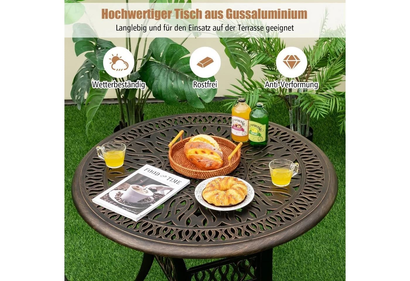 COSTWAY Bistrotisch Gartentisch rund Antikbraun Aluminiumguss