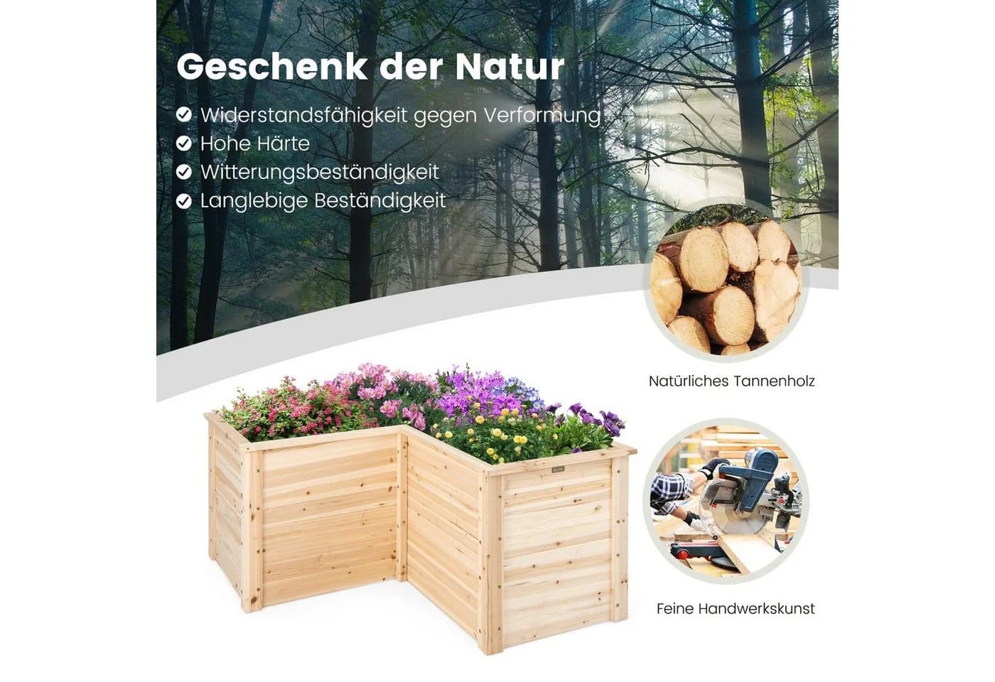COSTWAY L-förmiges Hochbeet aus massivem Tannenholz 120x120x63 cm - Bild 3