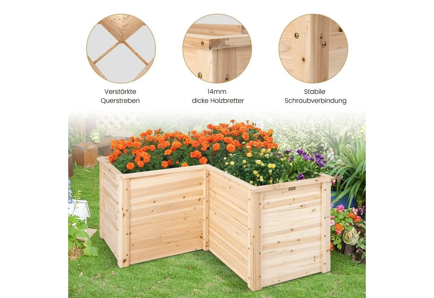 COSTWAY L-förmiges Hochbeet aus massivem Tannenholz 120x120x63 cm - Bild 5