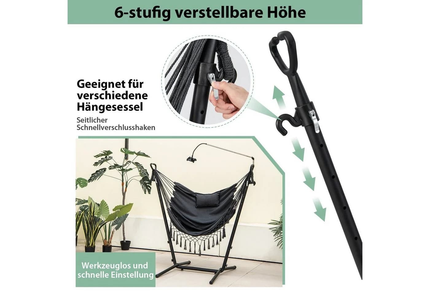 COSTWAY Hängesessel mit Gestell Grau 6-stufig verstellbar