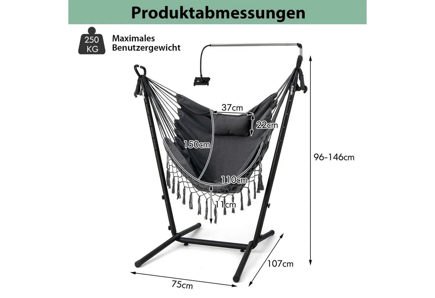 COSTWAY Hängesessel mit Gestell Grau 6-stufig verstellbar - Bild 4