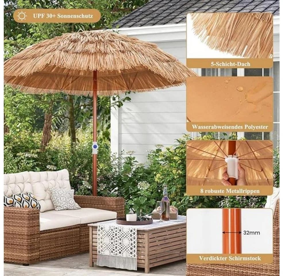 KOMFOTTEU Sonnenschirm Hawaii Strandschirm mit Neigungsfunktion & verstellbarer Höhe
