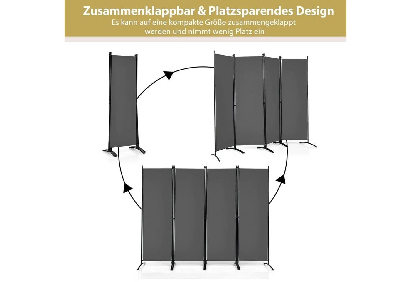 COSTWAY Paravent 4-teilig Raumteiler Klappbar Metallrahmen Grau - Bild 3