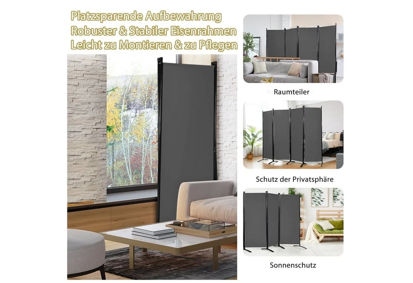 COSTWAY Paravent 4-teilig Raumteiler Klappbar Metallrahmen Grau - Bild 4