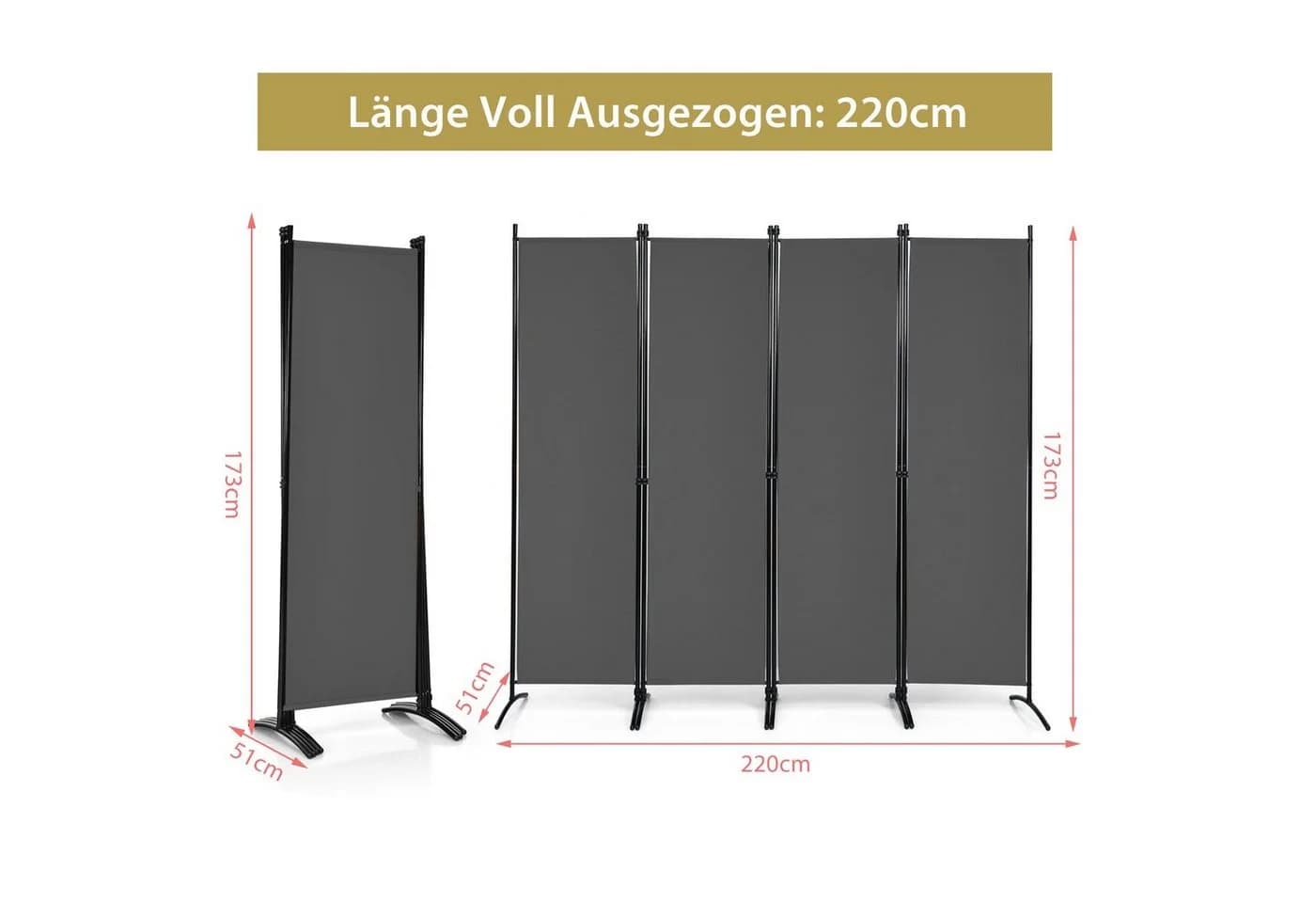 COSTWAY Paravent 4-teilig Raumteiler Klappbar Metallrahmen Grau - Bild 5