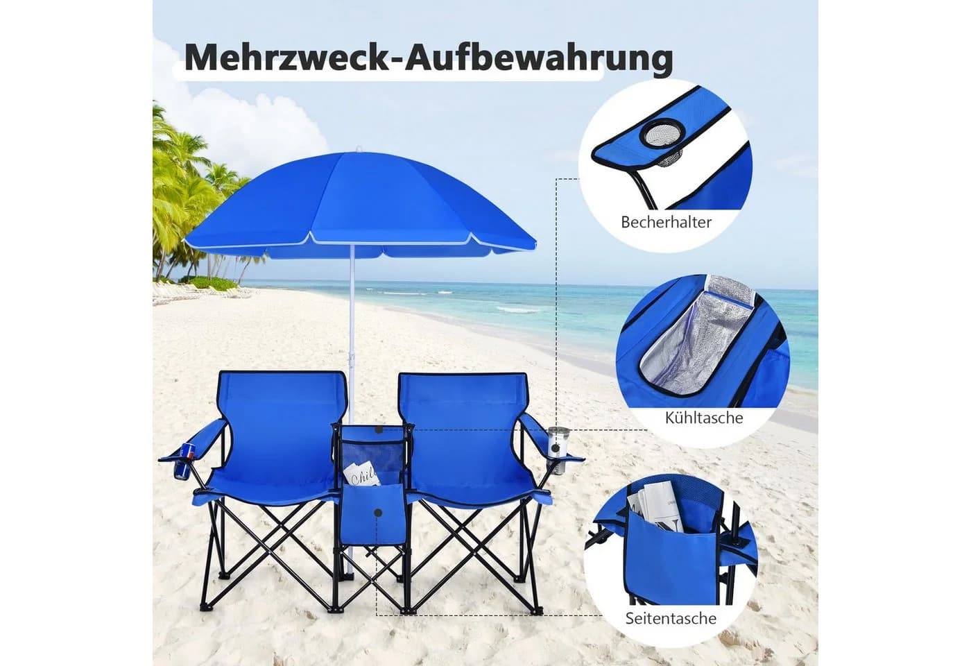 COSTWAY Campingstuhl mit Sonnenschirm & Kühltasche, faltbar - Bild 4