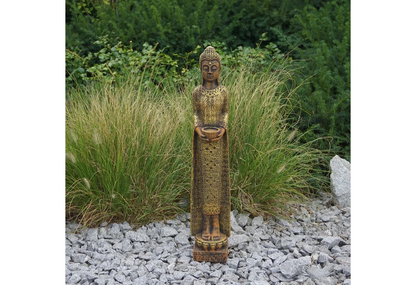 gartendekoparadies.de Schlanke Buddha Statue Steinfigur Gold Frostsicher - Bild 2
