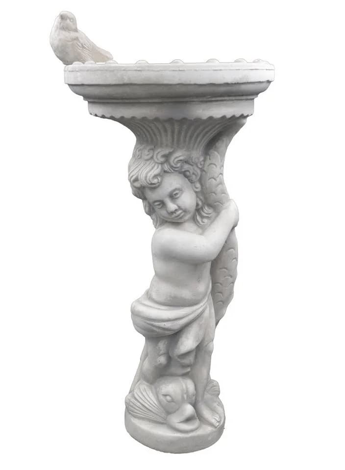 Gartenfigur Junge mit großer Vogeltränke, Steinfigur 54 cm, 18 kg, Frostsicher