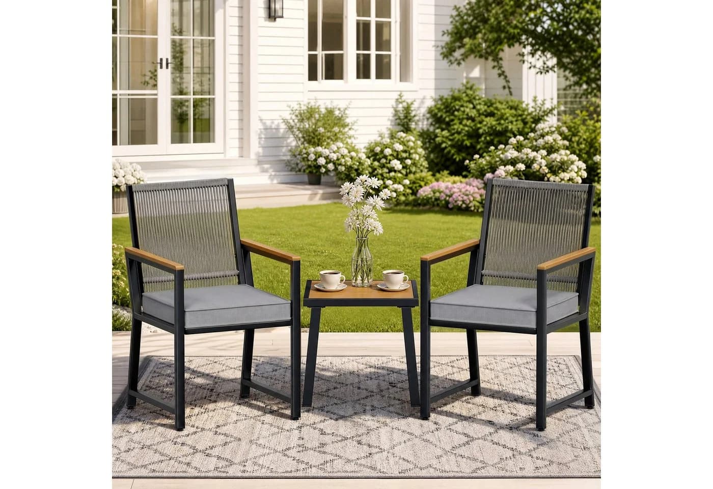 TLGREEN Gartenlounge-Set 3-tlg. Grau Metall & Rattan mit Kissen - Bild 2