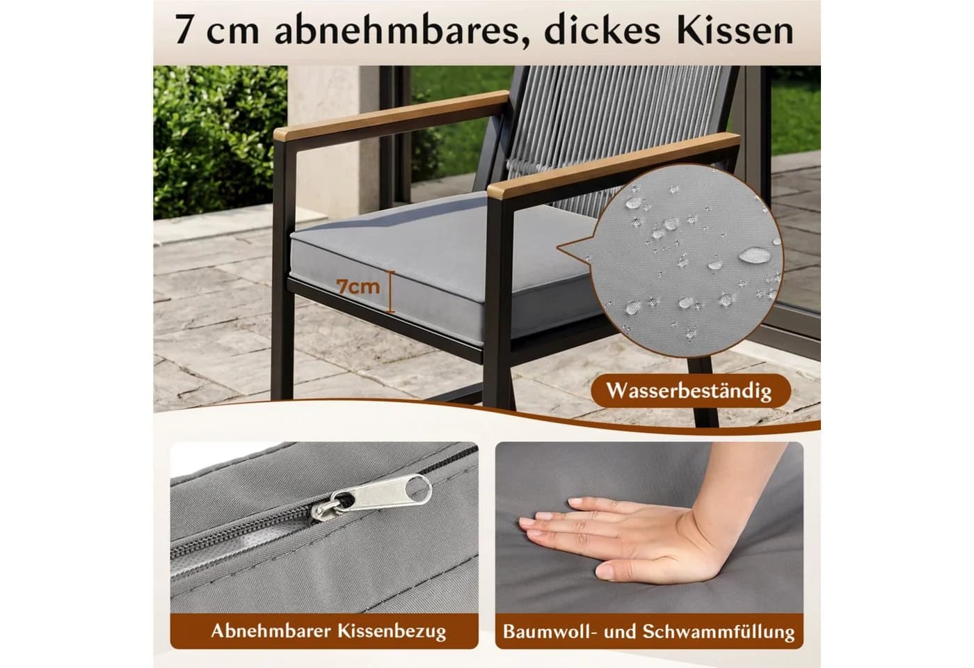 TLGREEN Gartenlounge-Set 3-tlg. Grau Metall & Rattan mit Kissen - Bild 3