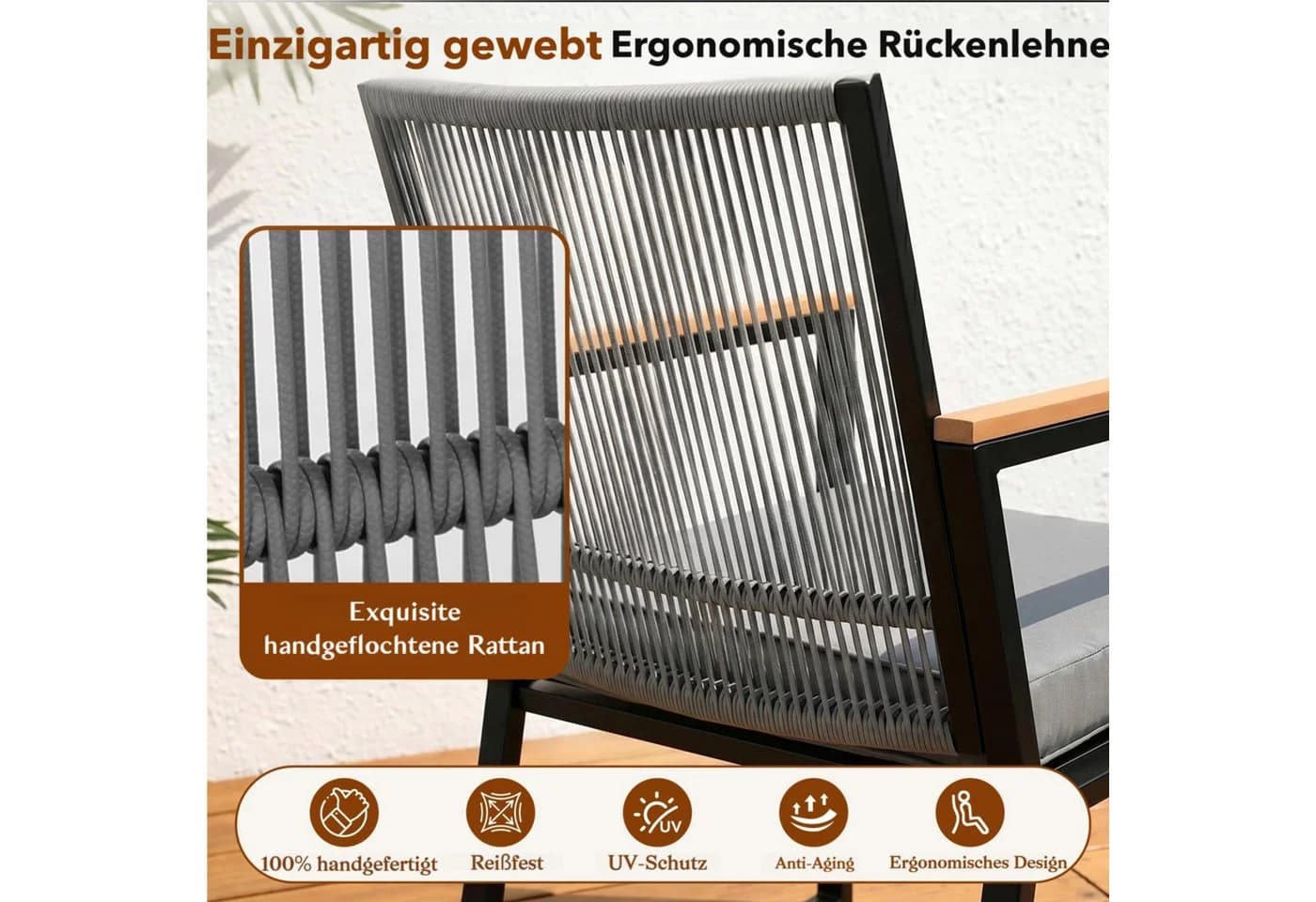 TLGREEN Gartenlounge-Set 3-tlg. Grau Metall & Rattan mit Kissen - Bild 4